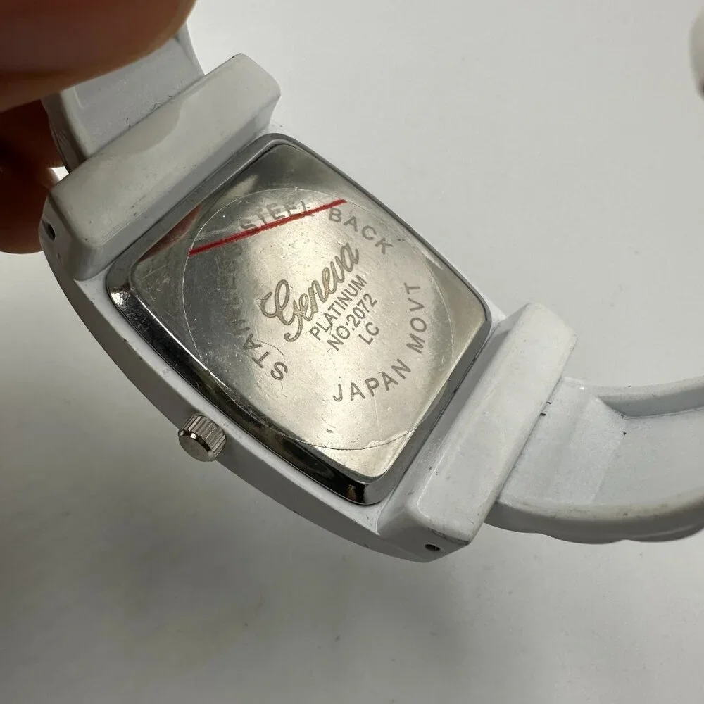 3/$30 Geneva Watch Women White Crystal Bezel Hinged Cuff Band New Battery